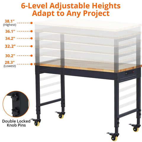 Tough As Nails Mobile Workbench 60 Inch Adjustable Shop Table with visible height levels and double locked knob pins.