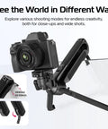 One-Click Opening Vlogging Tripod With Quick-Release System shown with camera mounted, highlighting flexibility and stability.
