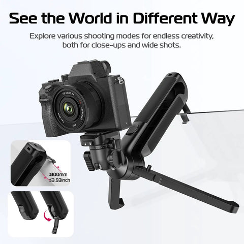 One-Click Opening Vlogging Tripod With Quick-Release System shown with camera mounted, highlighting flexibility and stability.