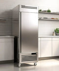 Heavy Duty Twenty Seven Inch Commercial Freezer Nineteen Point Three Two Cubic Feet Stainless Steel Reach In Upright Kitchen Cooler in modern kitchen.