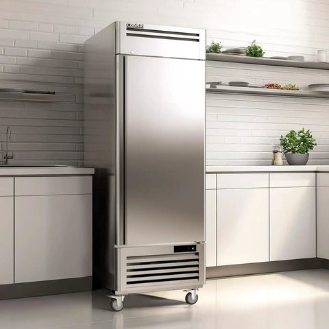 Heavy Duty Twenty Seven Inch Commercial Freezer Nineteen Point Three Two Cubic Feet Stainless Steel Reach In Upright Kitchen Cooler in modern kitchen.