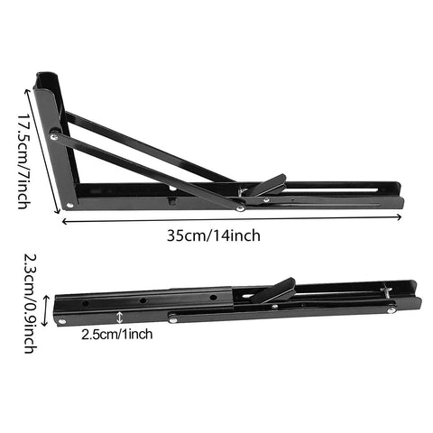 ZOENHOU 14-inch folding shelf bracket, black metal, wall-mounted heavy-duty, front and side views