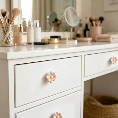 White dresser featuring 6 Pieces Ceramic Daisy Drawer Knobs Set For Nursery And Kids Room Cute Cabinet Pulls For Dressers And Furniture