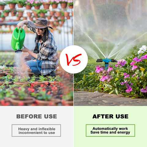 Comparison of manual watering vs. No Fuss Automatic Lawn Sprinkler System With 3 Adjustable Swivel Arms And 12 Nozzles 360 Degree Rotating Coverage For Large Yards And Gardens Kid Friendly Yard Sprinklers For Summer Fun in use
