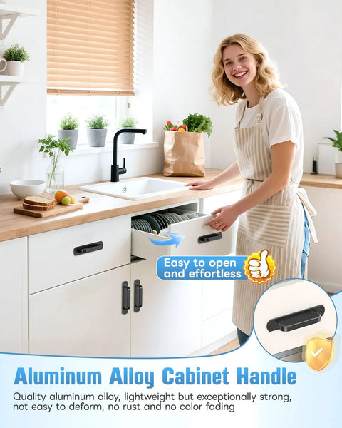Woman opening kitchen drawer with 5.7 Inch Sliding Barn Door Handle Aluminum Alloy Cabinet Pull For Drawer Closet Shower Glass Shed Kitchen Garage Gate Doors With Screws Black Durable Rust Resistant Ergonomic Grip For Indoor And Outdoor Use.
