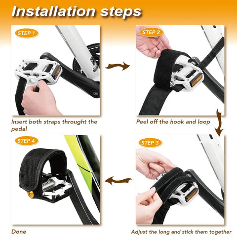 Installation steps for 1 Pair Bike Pedal Straps For Fixed Gear, Mountain And Road Bikes Nylon Toe Clips, showing strap adjustments