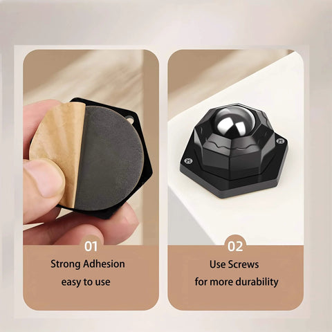 Four Pack Self Adhesive Caster Wheels 360 Swivel Mini Ball Bearing Rollers shown with adhesive back and installed view, 300 lbs capacity.