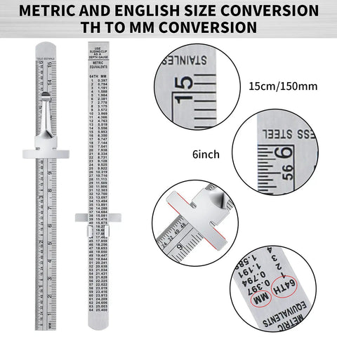Two Piece 6 Inch Pocket Ruler Flexible Stainless Steel With Detachable Clips Dual Scale Inches And Centimeters Pocket Clip Gauge For Pro Grade Precision Measuring In DIY Craft And Workshop Projects shown with metric conversion magnified.
