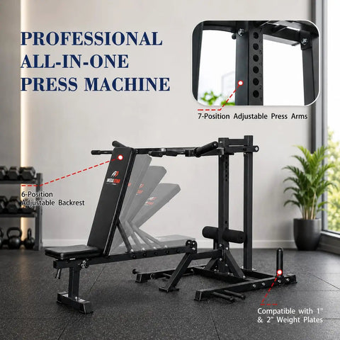 Plate Loaded Upper Body Strength Trainer With Independent Arms Adjustable Backrest And Multi Grip Handles For Chest Shoulders Triceps Rows And Curls Home Gym Gear with adjustable backrest and press arms.