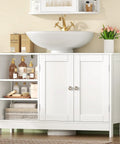 Top Notch White Pedestal Sink Cabinet With Double Doors And Adjustable Shelving Features A U Shape Cutout To Handle Plumbing Pipes, showcasing decorative storage.