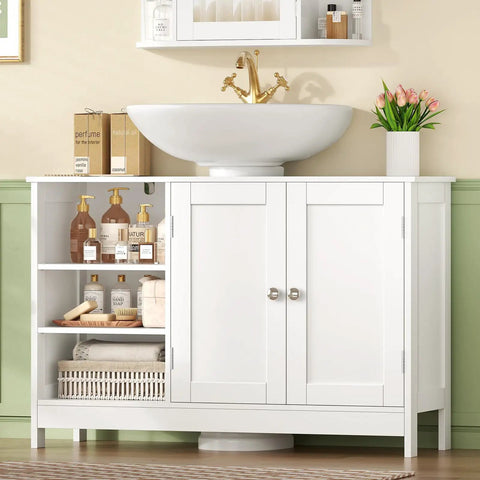 Top Notch White Pedestal Sink Cabinet With Double Doors And Adjustable Shelving Features A U Shape Cutout To Handle Plumbing Pipes, showcasing decorative storage.