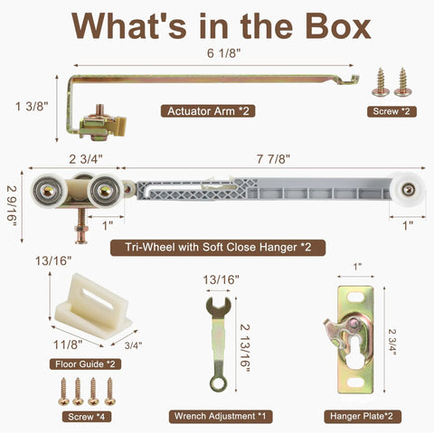 Detailed parts diagram of Heavy Duty Pocket Door Soft Close Bracket With One Inch Tri Wheel Hanger Rig For Seamless Bidirectional Glide.