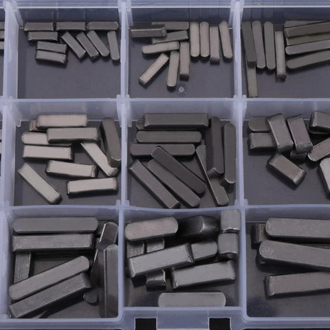 Key stock assortment in a transparent plastic organizer; gray metal parallel square drive shaft keys, 140-piece set.