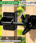 Heavy Duty Self Locking Gate Latch For Wood Fences And Garden Gates Beefy Steel Frame With Rust Resistant Black Coating mounted on a wooden post.