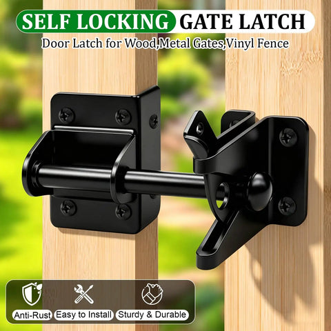 Heavy Duty Self Locking Gate Latch For Wood Fences And Garden Gates Beefy Steel Frame With Rust Resistant Black Coating mounted on a wooden post.