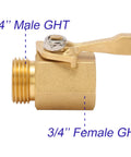 Side view of 3/4 inch Heavy Duty Brass Garden Hose Shut Off Valve with ergonomic handle, highlighting male and female GHT.