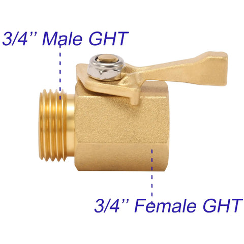 Side view of 3/4 inch Heavy Duty Brass Garden Hose Shut Off Valve with ergonomic handle, highlighting male and female GHT.