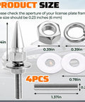 Hella Tough Aluminum Alloy Spiked License Plate Screws Kit Includes Nuts And Washers with precise size measurements for secure fitting.