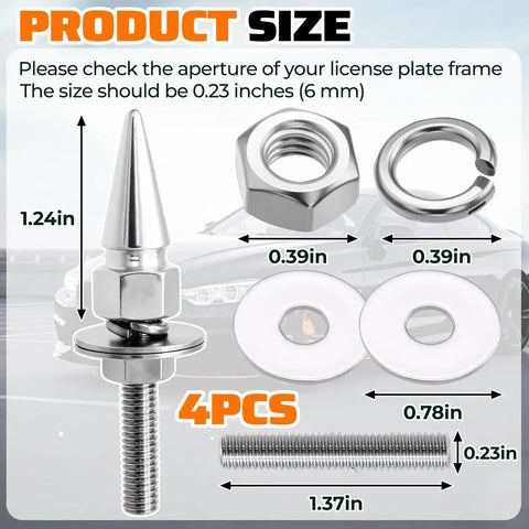 Hella Tough Aluminum Alloy Spiked License Plate Screws Kit Includes Nuts And Washers with precise size measurements for secure fitting.