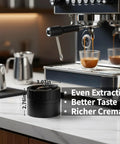 Premium Wdt Tool For Espresso Coffee Distribution Featuring Ten Stainless Steel Needles And Triple Gear Spinner With Twenty Four Strong Magnets For Hella Smooth Channel Free Shots In Sleek Cnc Aluminum Build on countertop next to coffee machine.