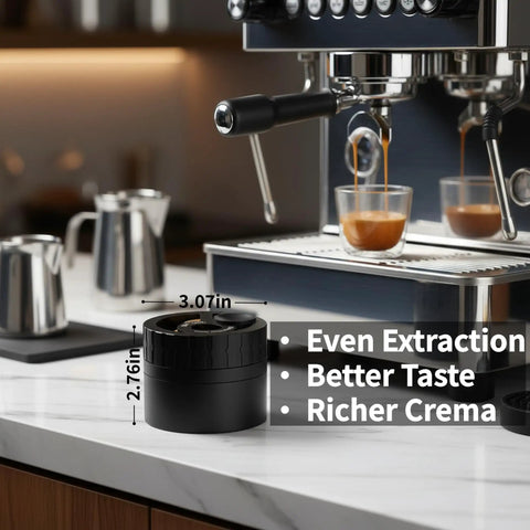 Premium Wdt Tool For Espresso Coffee Distribution Featuring Ten Stainless Steel Needles And Triple Gear Spinner With Twenty Four Strong Magnets For Hella Smooth Channel Free Shots In Sleek Cnc Aluminum Build on countertop next to coffee machine.