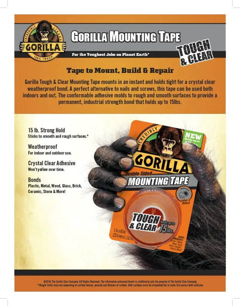 Ultra Strong Clear Double Sided Mounting Tape 1 Inch Wide By 60 Inches Long Weatherproof Indoor Outdoor Adhesive That Bonds Up To 15 Pounds No Nails Needed Pack Of 6 Rolls For Walls And Surfaces displayed with gorilla holding tape