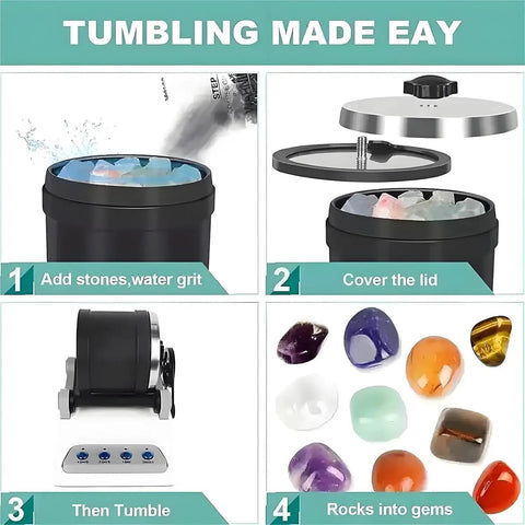 Electric Rock Tumbler Kit With Timer And Detachable Polisher, step-by-step process from rough stones to polished gems.