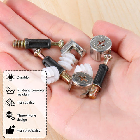 Cam Lock Nuts And Cams Screws Set For Furniture 20 Sets M6 X 35mm 3 In 1 Eccentric Hardware Kit with cam locks and plastic nuts in hand