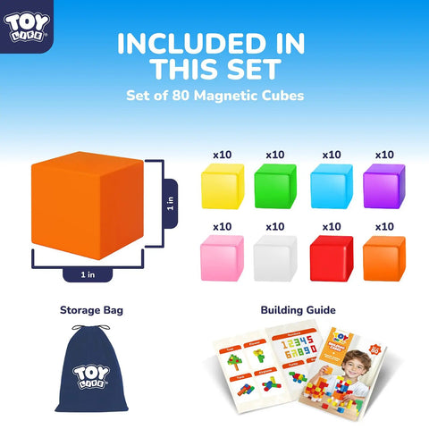 80 Piece Magnetic Blocks STEM Set For Kids Ages 3 To 8 Build Big 3D Towers Animals And Vehicles Boost Spatial Reasoning Fine Motor Skills Color Recognition And Hands On Guided STEM Play, 1 in cube set