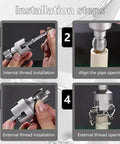 Installation steps demonstrating Heavy Duty Carbon Steel Pipe Threader Kit For Electric Drill, internal and external threading.