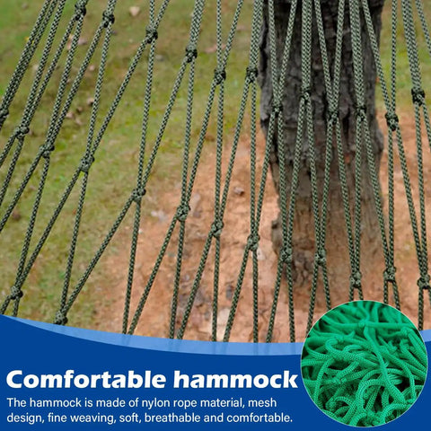 Durable Nylon Hanging Hammock For Outdoor Camping And Chill Lightweight Yet Strong Sleeping Net Bed Easy Quick Setup High Strength Rope Hammock Green Color with close-up of mesh design