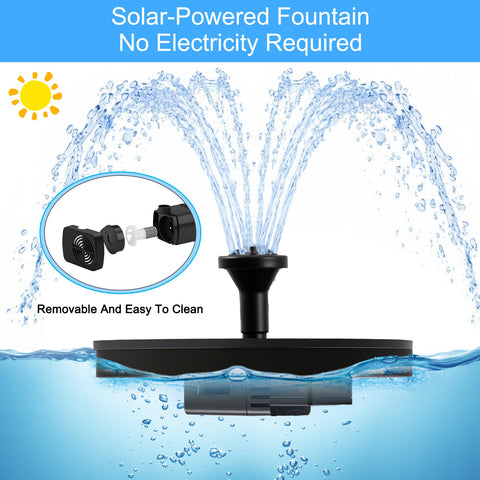 Floating Solar Fountain Kit With Six Nozzles And Four Fixed Pipes, Solar Water Pump For Bird Bath shown with water spray