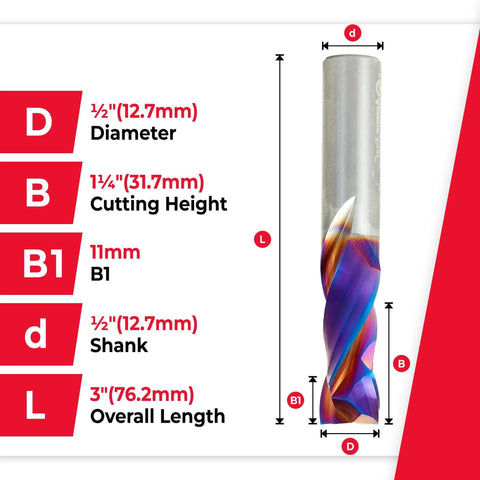 Spektra Extreme Tool Life Solid Carbide CNC Compression Spiral Router Bit with size specifications for woodworking.