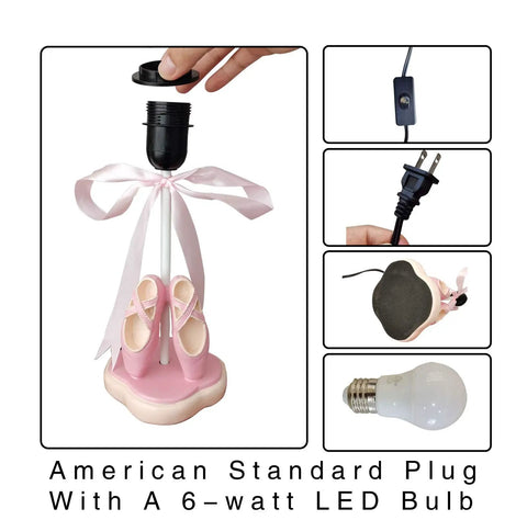 Pink Dancing Shoes Table Lamp For Girls Room, 14 Inch Tall Bedside Light With Fabric Stitch Shade, E26 LED Bulb Included