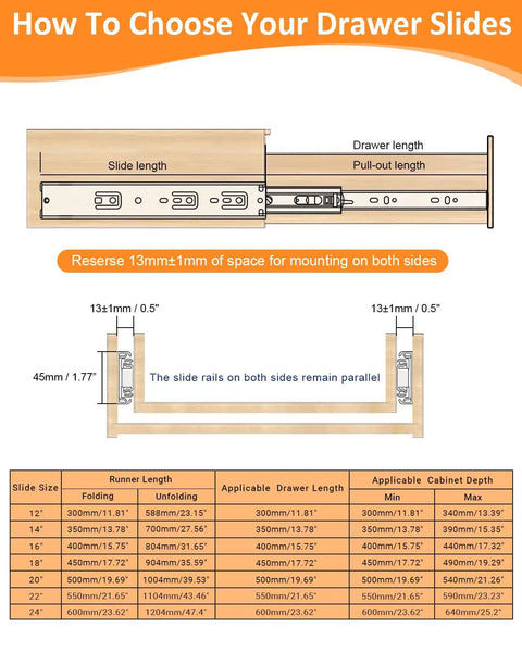 Diagram showing installation guide for 16 Inch Soft Close Drawer Slides 1 Pair Full Extension Heavy Duty Cabinet Drawer Rails