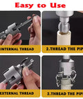 Pipe Threading Tool Kit Half Inch Three Quarter Inch One Inch Set With Internal And External Threaders in use for plumbing repairs