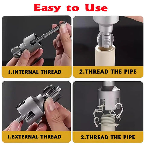 All In One PVC Pipe Threader Kit 3 Piece Set With Dies For One Half, Three Quarters And One Inch NPT Internal And External Threads Drill Compatible For PVC PPR And MPP Pipes Handy For Pros And DIYers demonstrating threading process