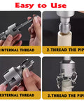 Pro Grade PVC Pipe Threader Kit 4 Piece Set With Broken Bolt Extractor showing dual function threading with examples on pipes