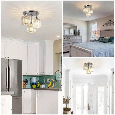 Semi Flush Mount Ceiling Light With Dope Crystal Shades 3 Light Modern Close To Ceiling Fixture for kitchen, bedroom, and entryway