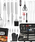 32 Piece Heavy Duty Stainless Steel BBQ Grill Tool Set With Case including spatula, tongs, and accessories, displayed neatly.