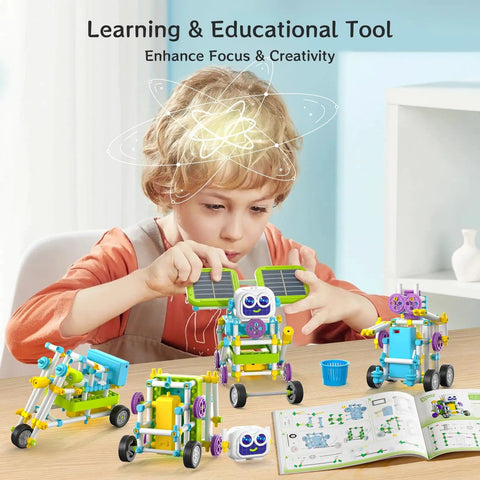Child assembling Solar Powered Robot Kit For Kids Aged 4 To 12, 434 Piece STEM Building Set With Solar Panel Gears And Sensors