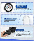 Image showing components of 3L Brake Bleed Kit With Manual Brake Bleeder Vacuum Pump Includes 1L Waste Oil Bottle 5 Master Cylinder Adapters And One Person Pneumatic Brake Fluid Extractor Tool For All Vehicles including pressure gauge, waste oil bottle, and cap wrench.