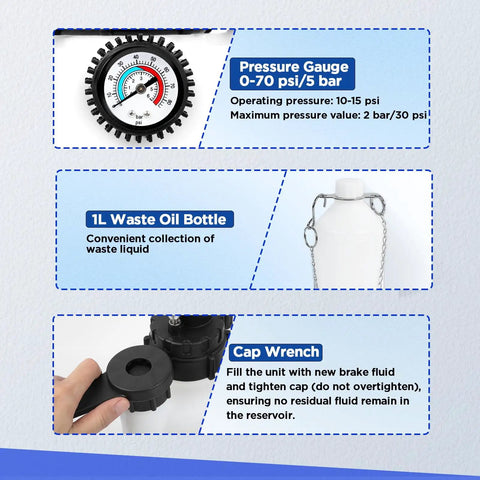 Image showing components of 3L Brake Bleed Kit With Manual Brake Bleeder Vacuum Pump Includes 1L Waste Oil Bottle 5 Master Cylinder Adapters And One Person Pneumatic Brake Fluid Extractor Tool For All Vehicles including pressure gauge, waste oil bottle, and cap wrench.