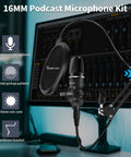 16mm Podcast Microphone Kit with cantilever bracket and cardioid pickup pattern for Two Person Podcast Studio Bundle With DJ Mixer And Three Point Five Millimeter Diaphragm Condenser Microphones For Live Streaming, Podcast Recording, Gaming, YouTube, TikTok, PC, And Smartphone Setups.