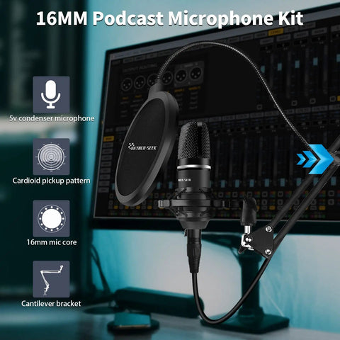 16mm Podcast Microphone Kit with cantilever bracket and cardioid pickup pattern for Two Person Podcast Studio Bundle With DJ Mixer And Three Point Five Millimeter Diaphragm Condenser Microphones For Live Streaming, Podcast Recording, Gaming, YouTube, TikTok, PC, And Smartphone Setups.