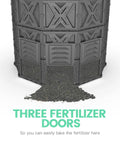 190 Gallon Large Outdoor Compost Bin With Aeration Vents, BPA Free PP Panels with bottom access door open, compost spilling out