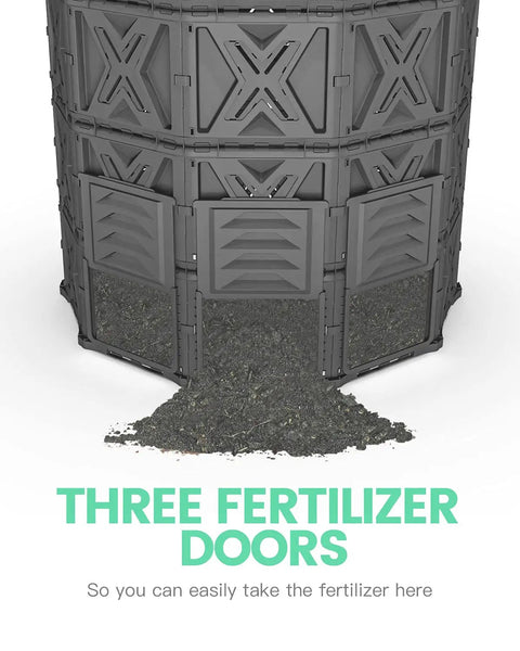 190 Gallon Large Outdoor Compost Bin With Aeration Vents, BPA Free PP Panels with bottom access door open, compost spilling out