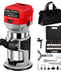 Compact Wood Router Tool With 6.5 Amp 1.25 HP Motor, 13000-33000 RPM, accessories, case, and bag