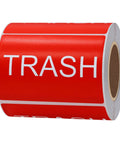 Trash Stickers 300 Pack 3x2 Inch Red Labels With Bold White TRASH For Bins In Home Office And Warehouse Glossy Paper Roll Easy Disposal Reminder Signage, roll view
