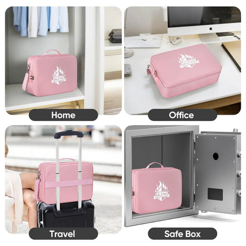 Fireproof Document Box With Lock Portable Waterproof File Organizer 15x11x4 Pink in various settings